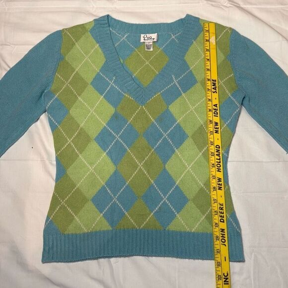 Lilly Pulitzer cashmere spandex argyle sweater size medium blue green small stai - Picture 7 of 9